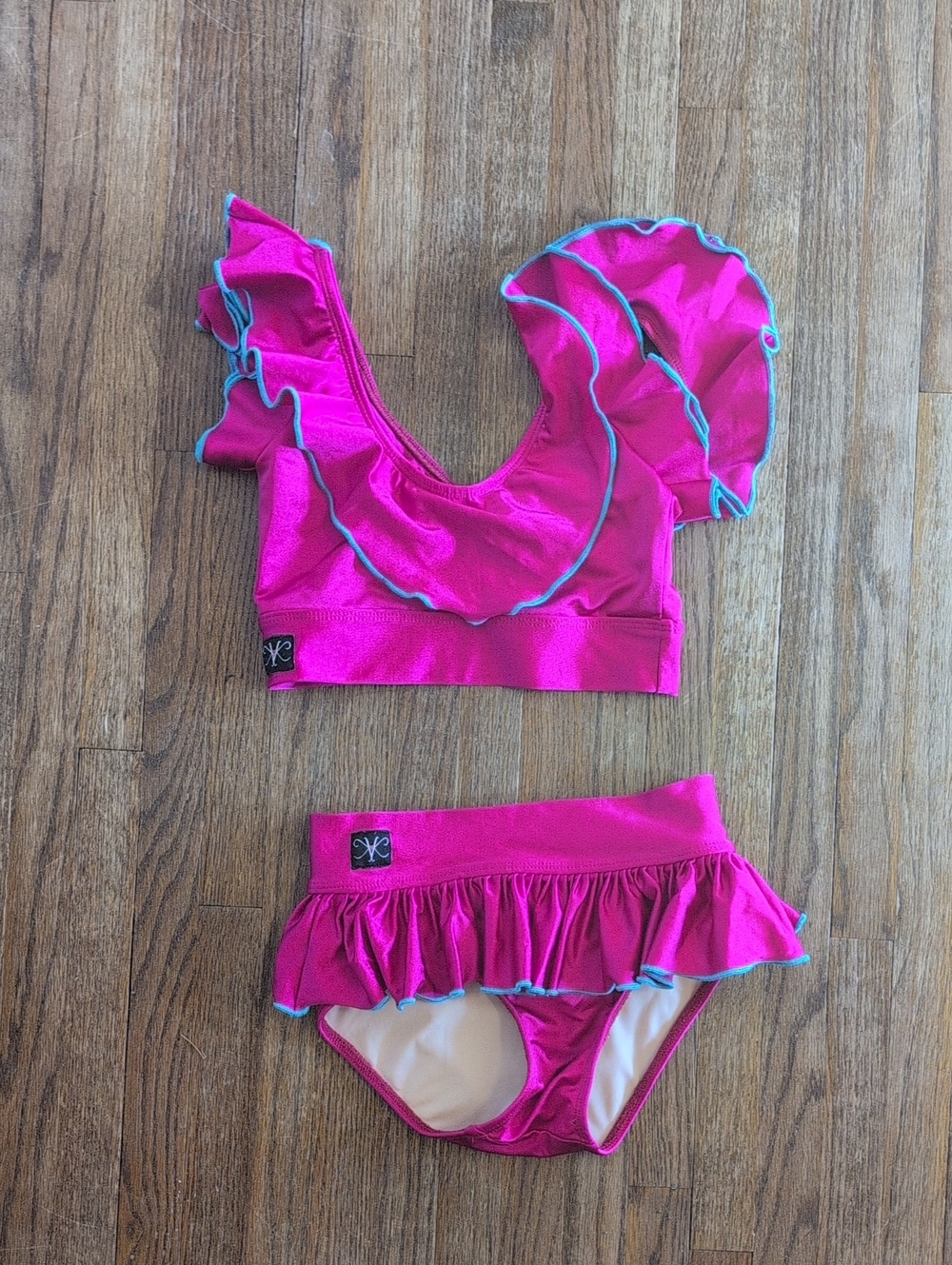 Kids Dance Two-Piece Crop Top & Shorts Set - Fuchsia with Teal Blue Accents CL